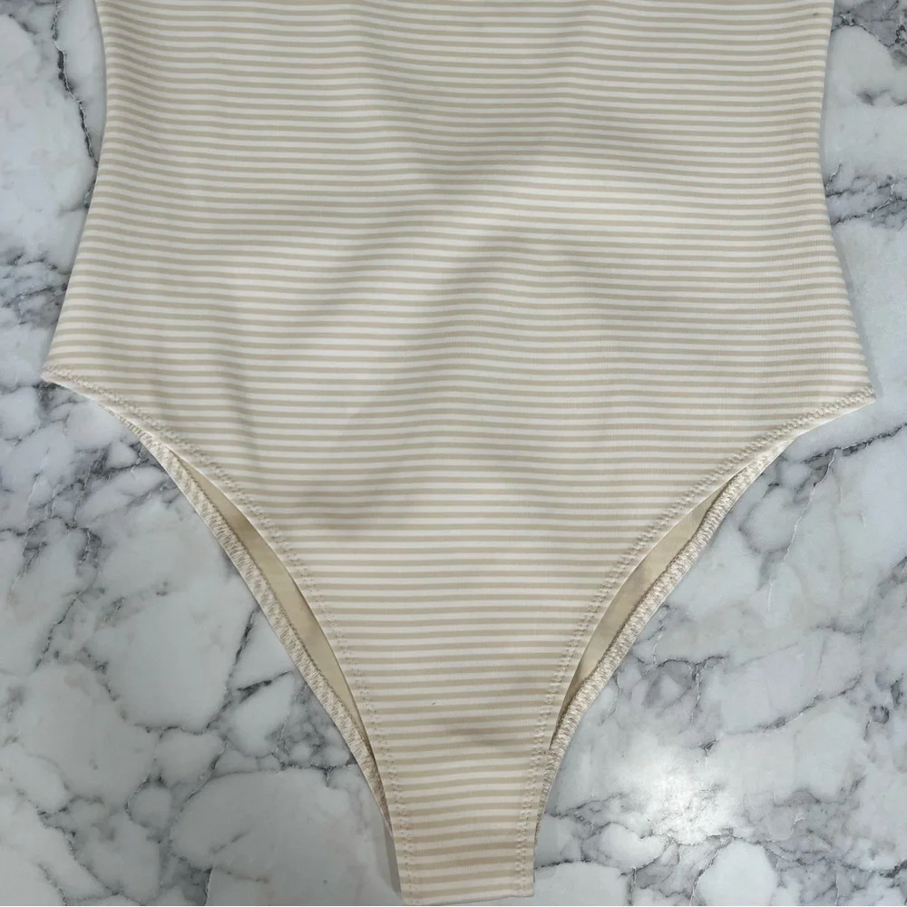 Marysia Malliot Stripped One Piece Swimsuit Tan Cream Size Small